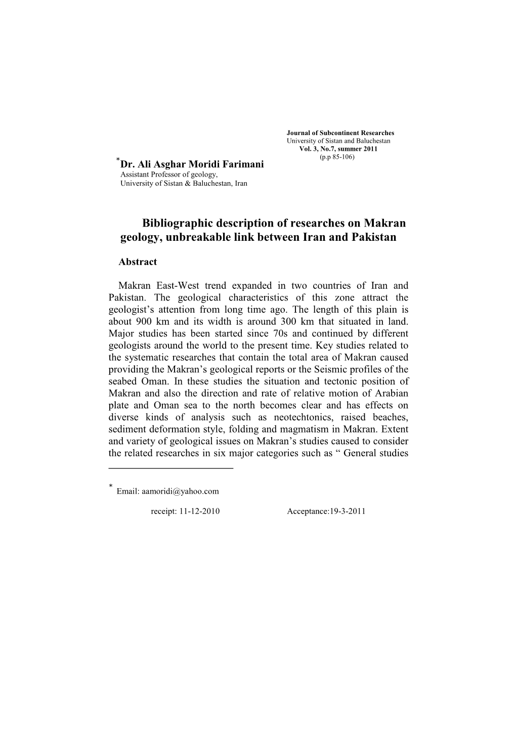 Bibliographic Description of Researches on Makran Geology, Unbreakable Link Between Iran and Pakistan