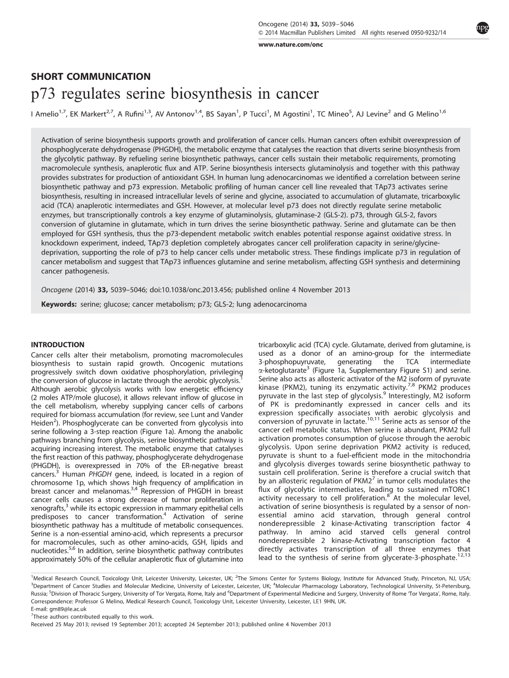 P73 Regulates Serine Biosynthesis in Cancer