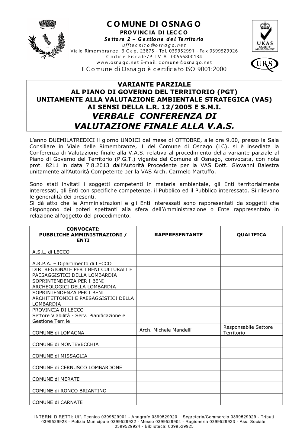 Comune Di Osnago Verbale Conferenza Di Valutazione Finale Alla V.A.S