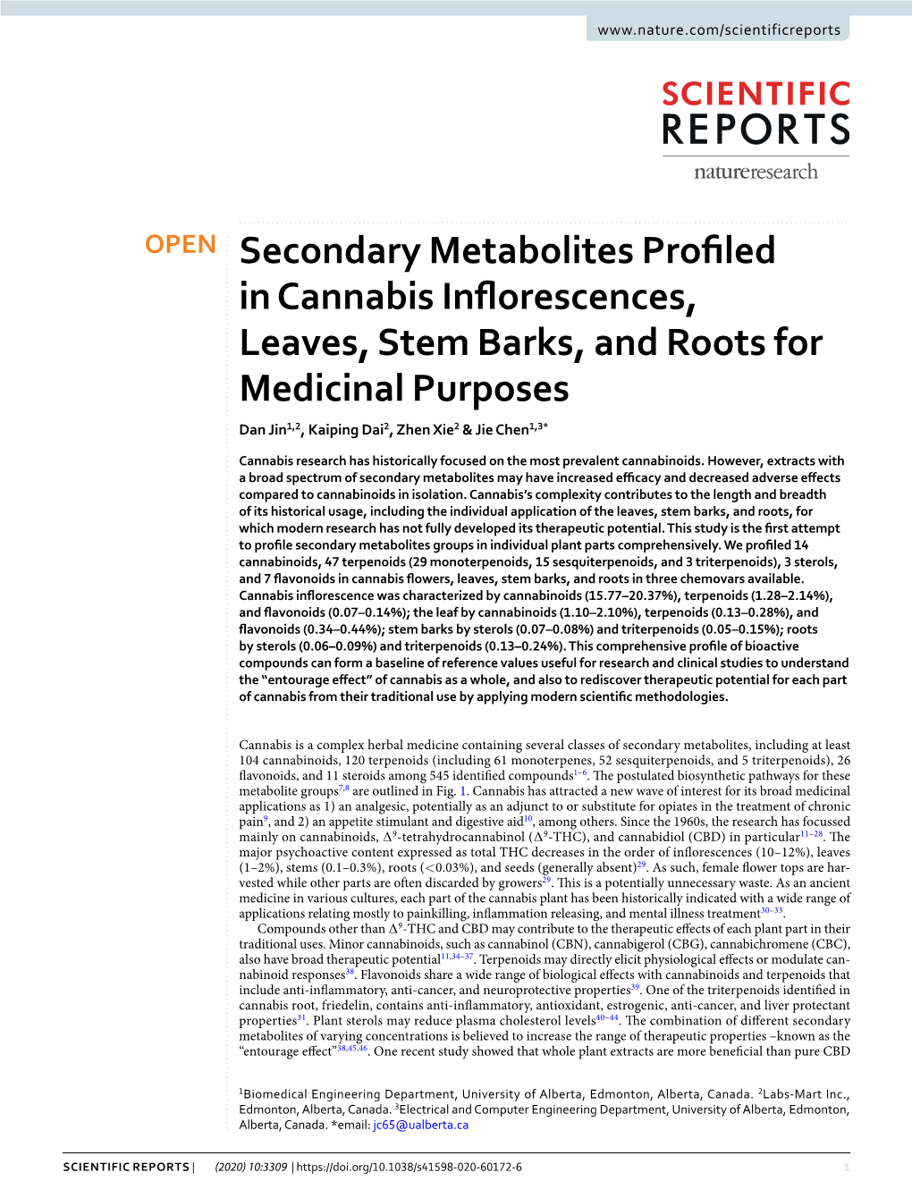 Secondary Metabolites Profiled in Cannabis Inflorescences, Leaves