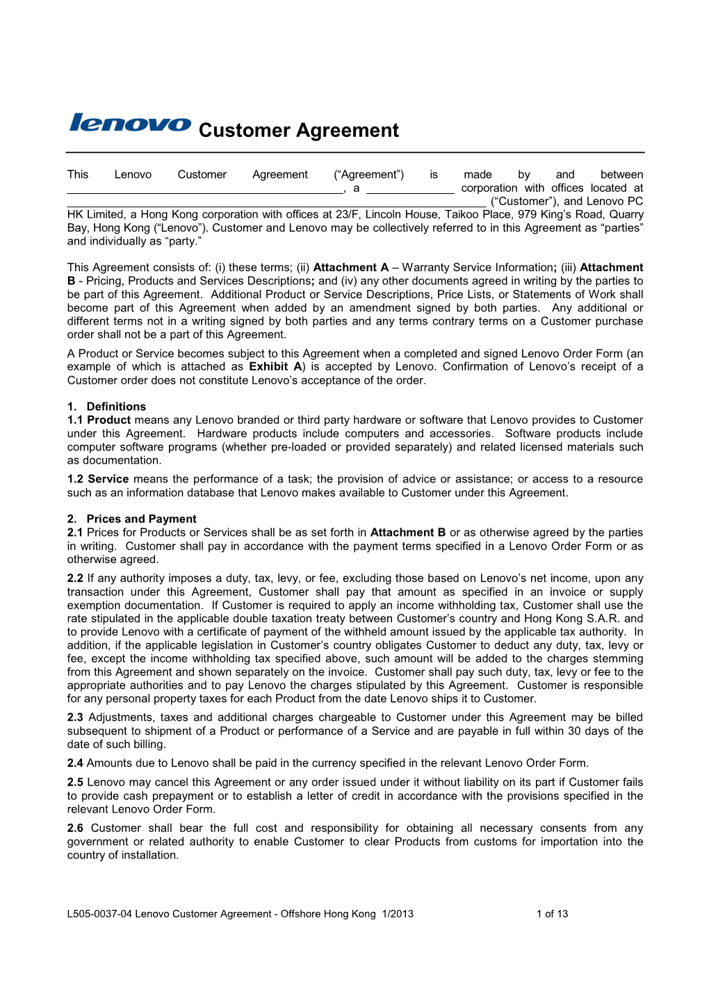 L505-0037-04 Lenovo Customer Agreement Offshore Hong Kong