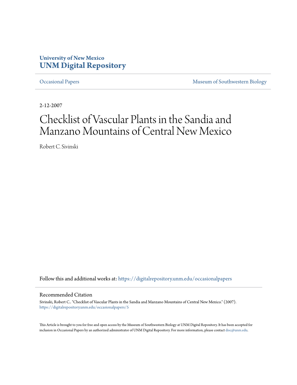 Checklist of Vascular Plants in the Sandia and Manzano Mountains of Central New Mexico Robert C