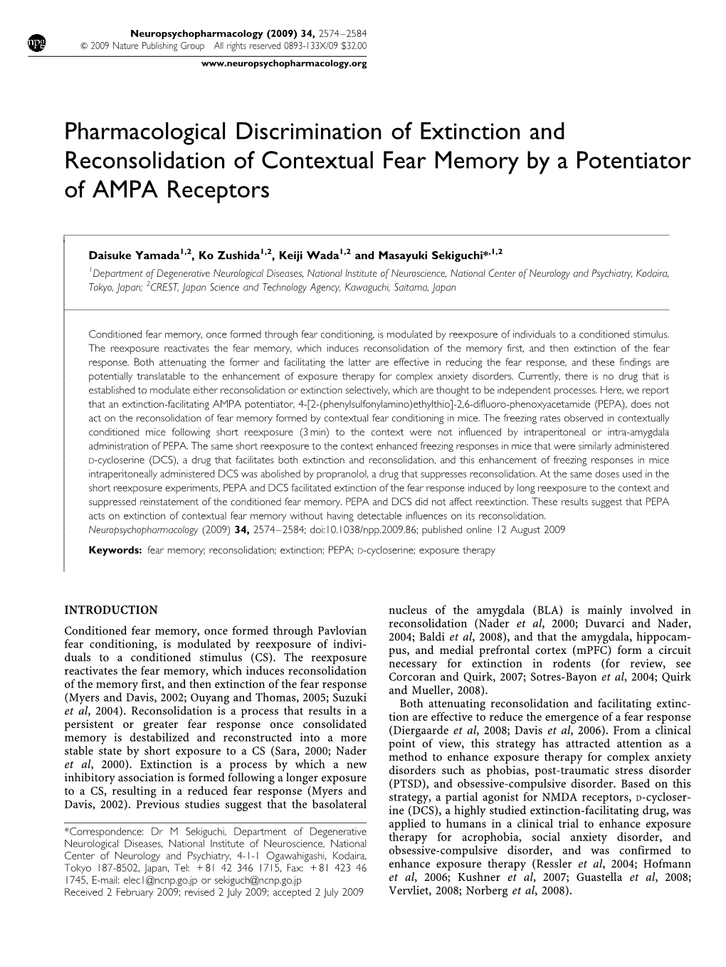 Pharmacological Discrimination of Extinction and Reconsolidation of Contextual Fear Memory by a Potentiator of AMPA Receptors