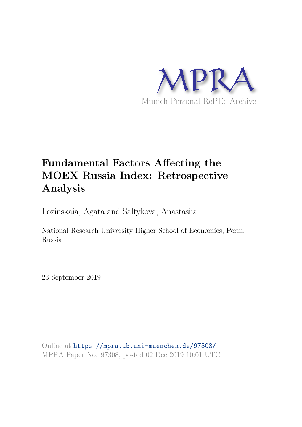 Fundamental Factors Affecting the MOEX Russia Index: Retrospective Analysis1