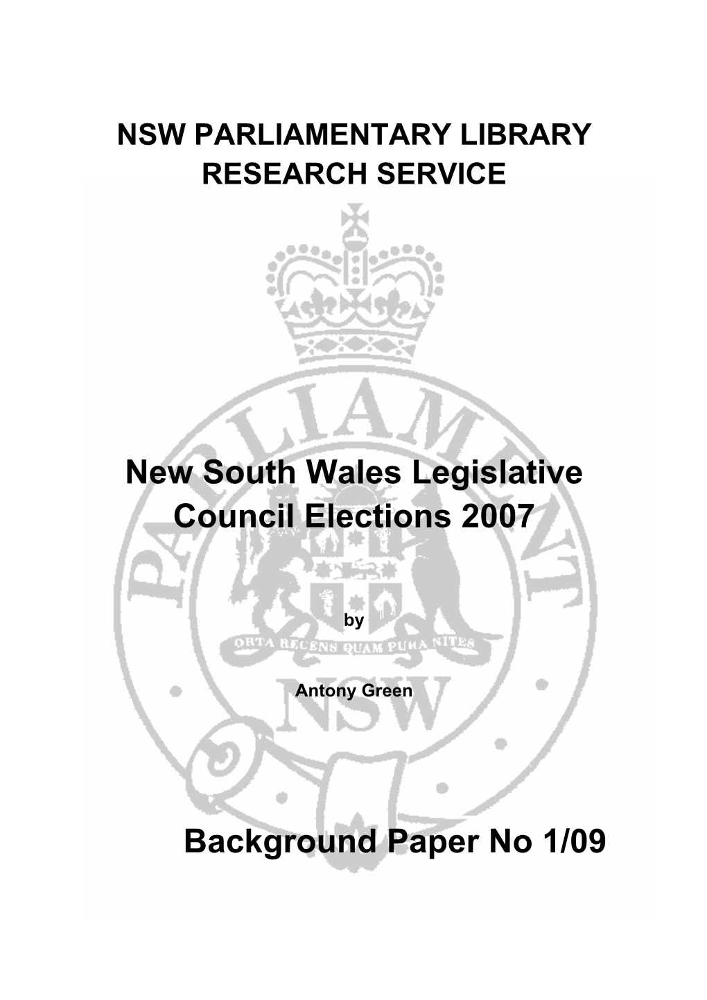 New South Wales Legislative Council Elections 2007 Background Paper