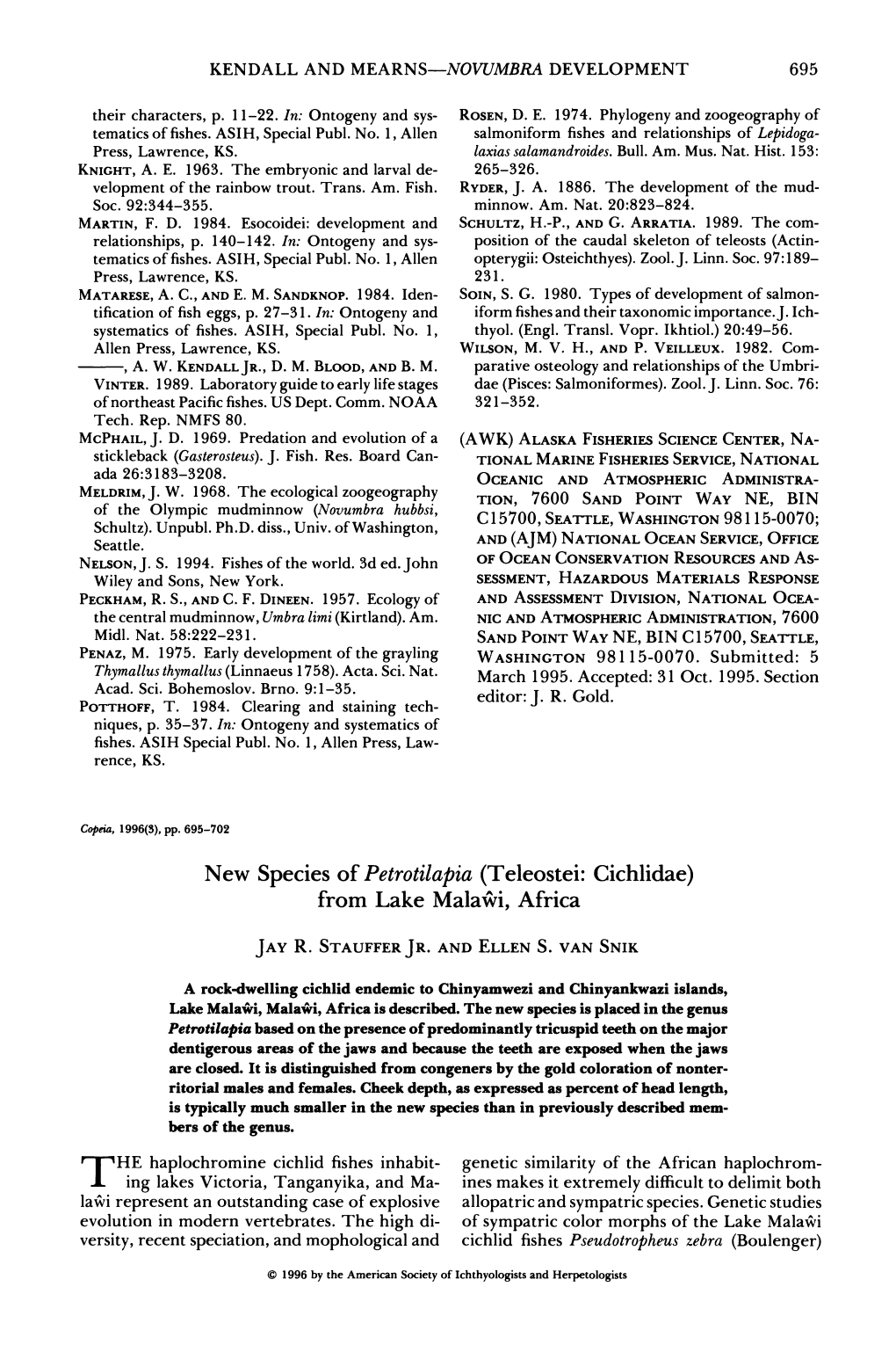 New Species of Petrotilapia (Teleostei: Cichlidae) from Lake Malawui,Africa