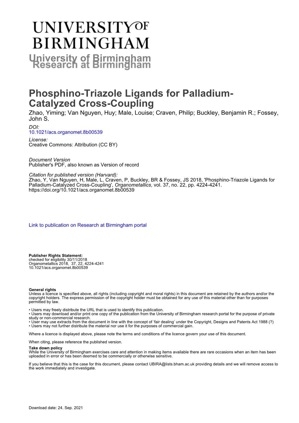 Phosphino-Triazole Ligands for Palladium-Catalyzed Cross-Coupling', Organometallics, Vol