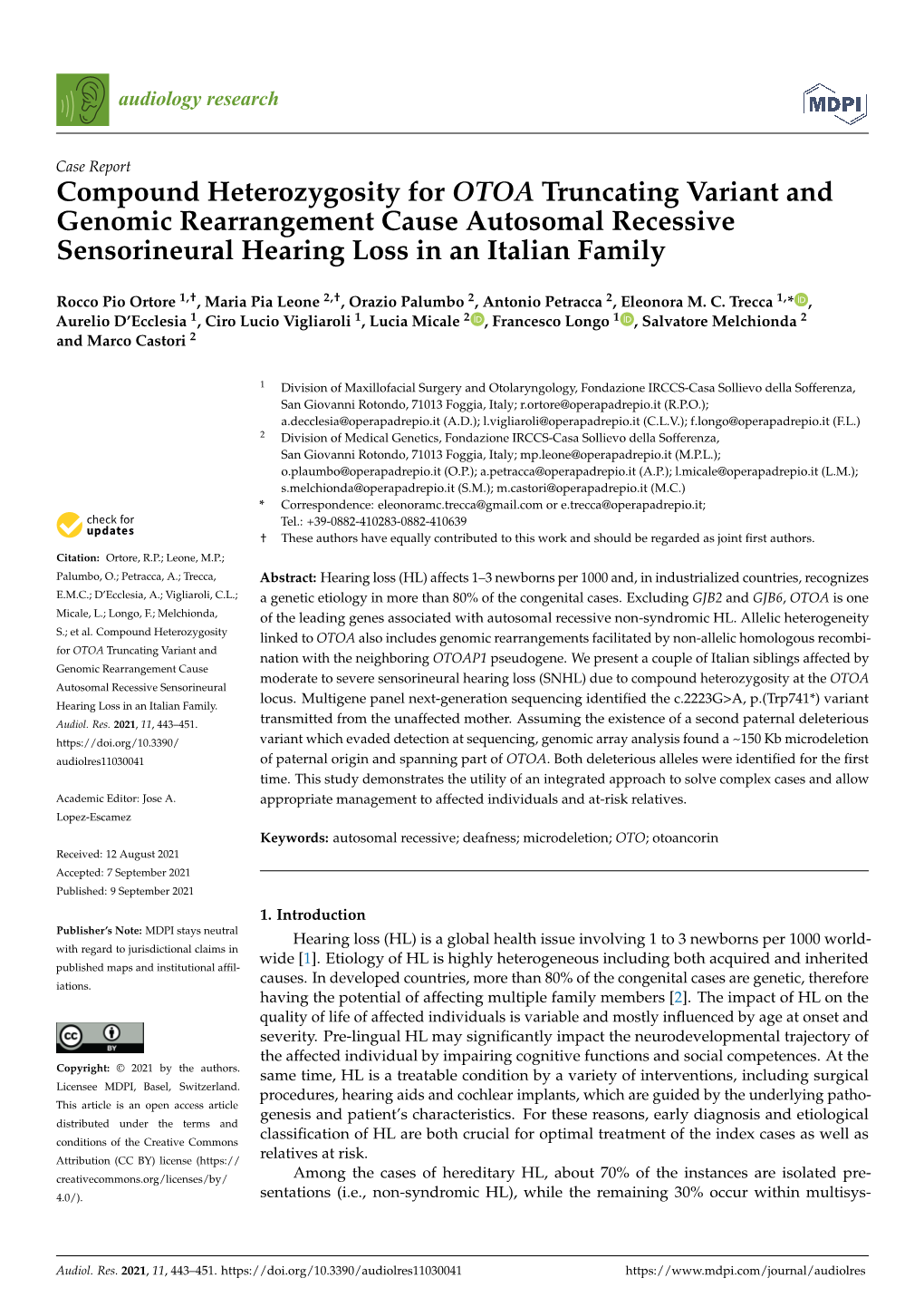 Compound Heterozygosity for OTOA Truncating Variant and Genomic Rearrangement Cause Autosomal Recessive Sensorineural Hearing Loss in an Italian Family