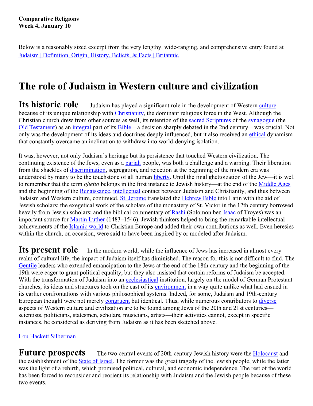 The Role of Judaism in Western Culture and Civilization