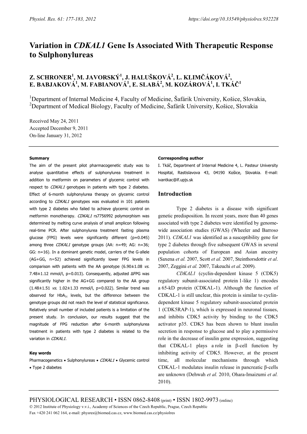 Variation in CDKAL1 Gene Is Associated with Therapeutic Response to Sulphonylureas