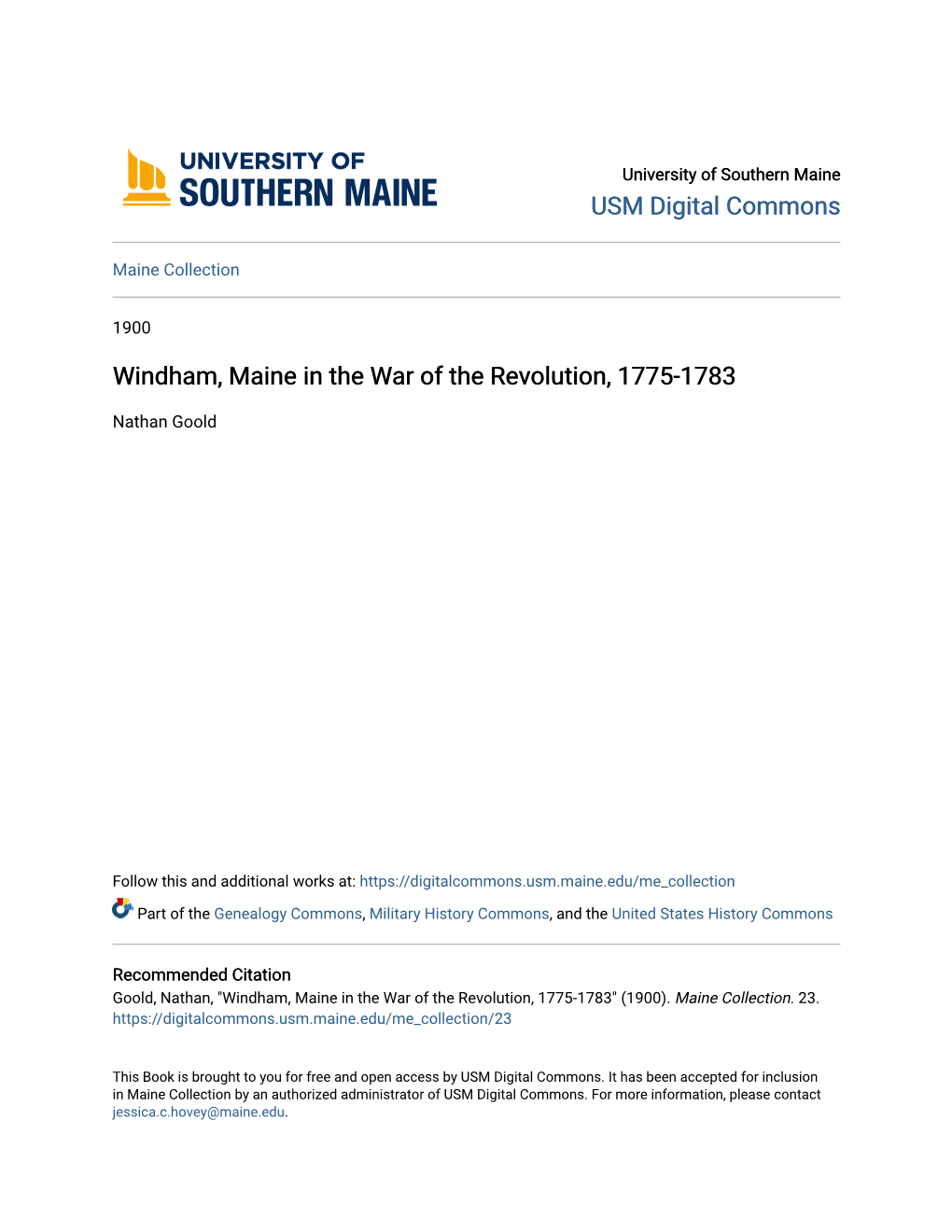 Windham, Maine in the War of the Revolution, 1775-1783