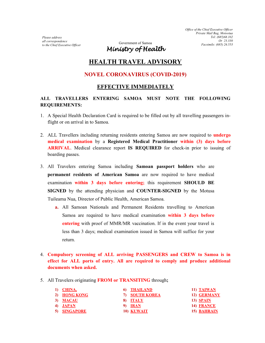 Health Travel Advisory