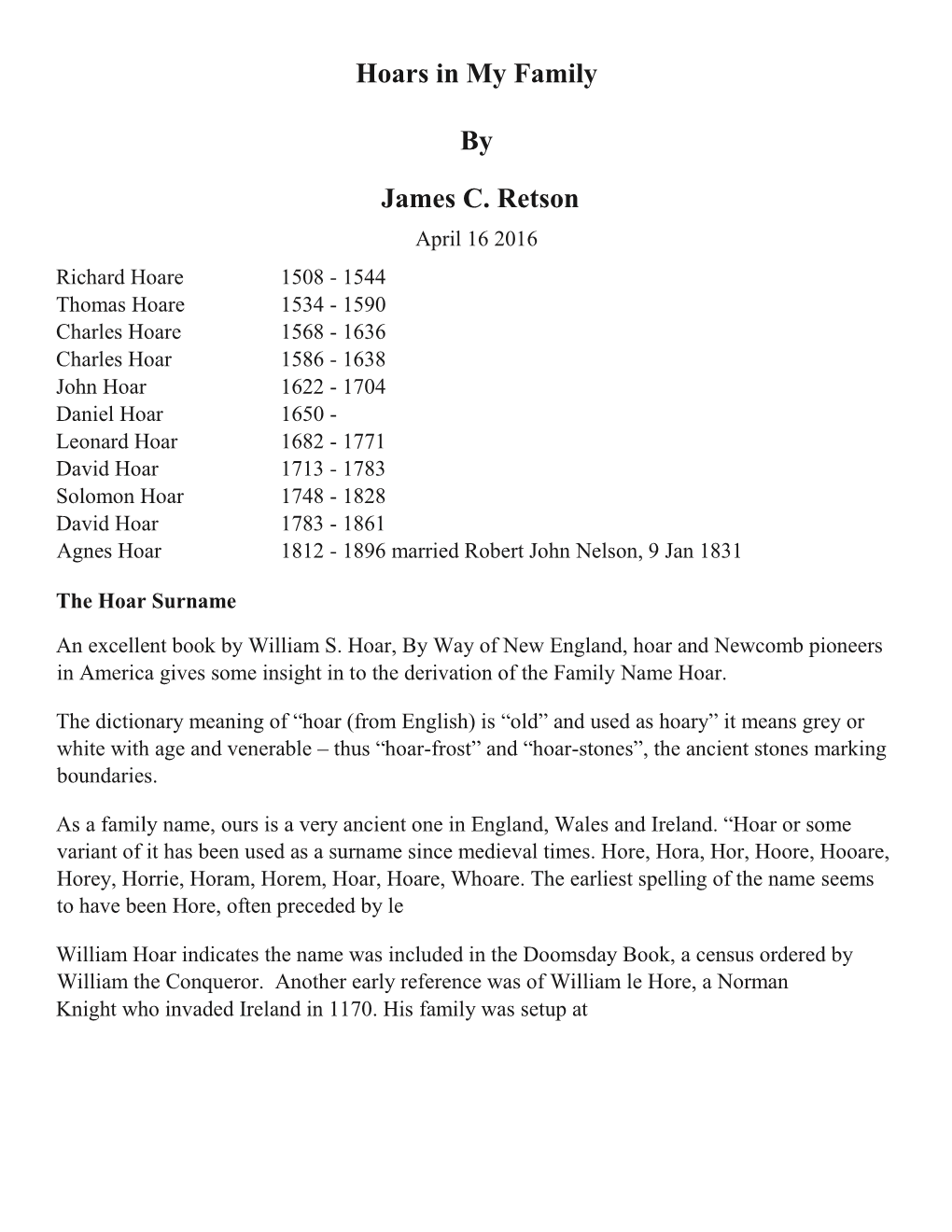 Hoars in My Family by James C. Retson