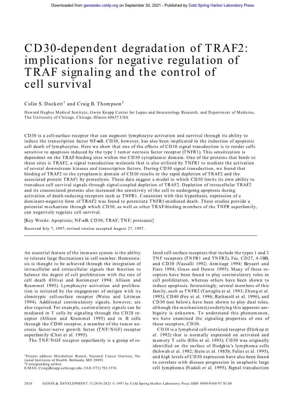 CD30-Dependent Degradation of TRAF2: Implications for Negative Regulation of TRAF Signaling and the Control of Cell Survival