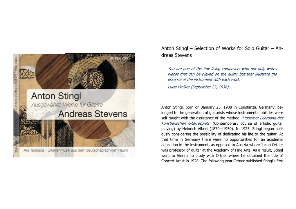 Anton Stingl – Selection of Works for Solo Guitar – An- Dreas Stevens