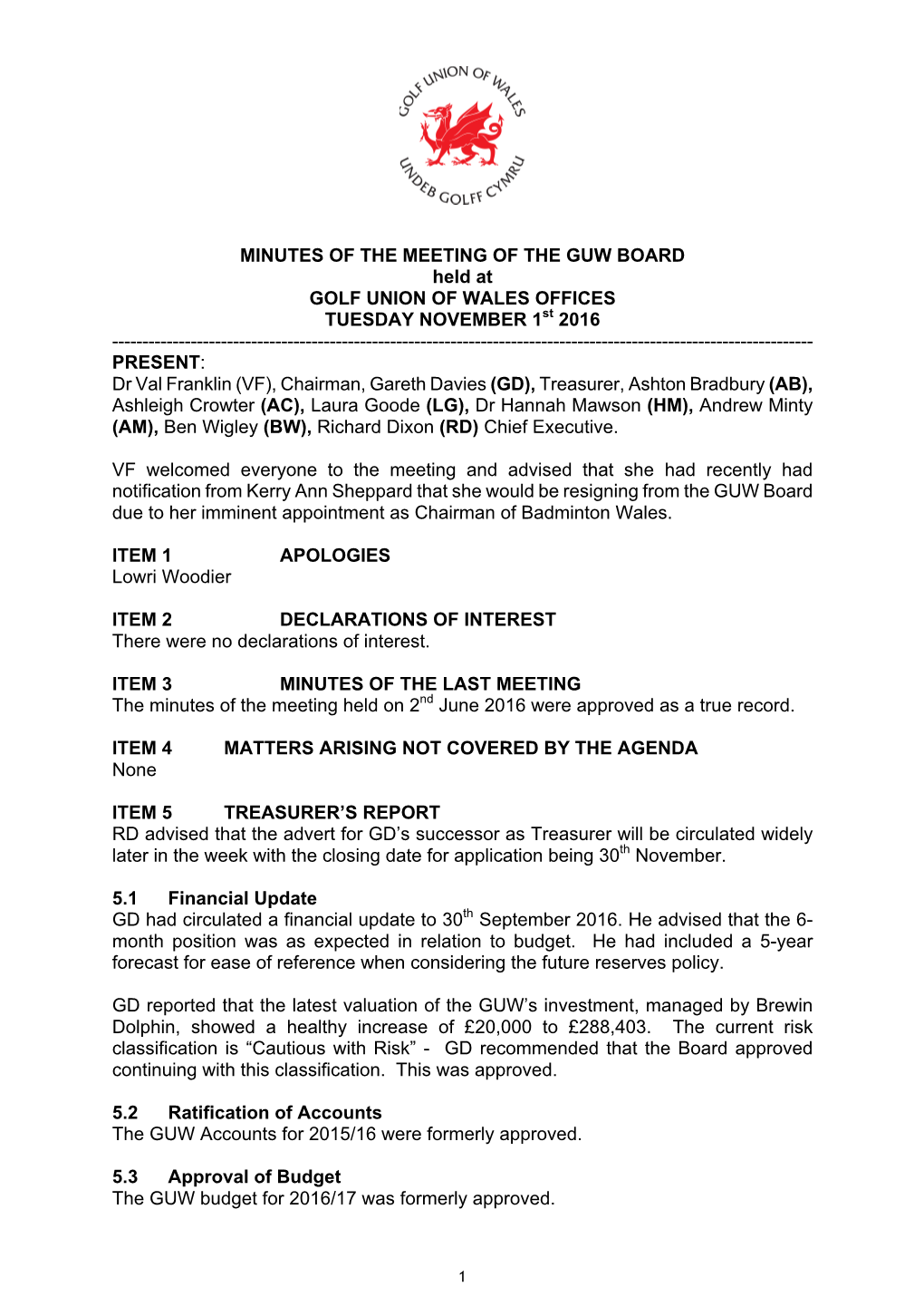 MINUTES of the MEETING of the GUW BOARD Held At