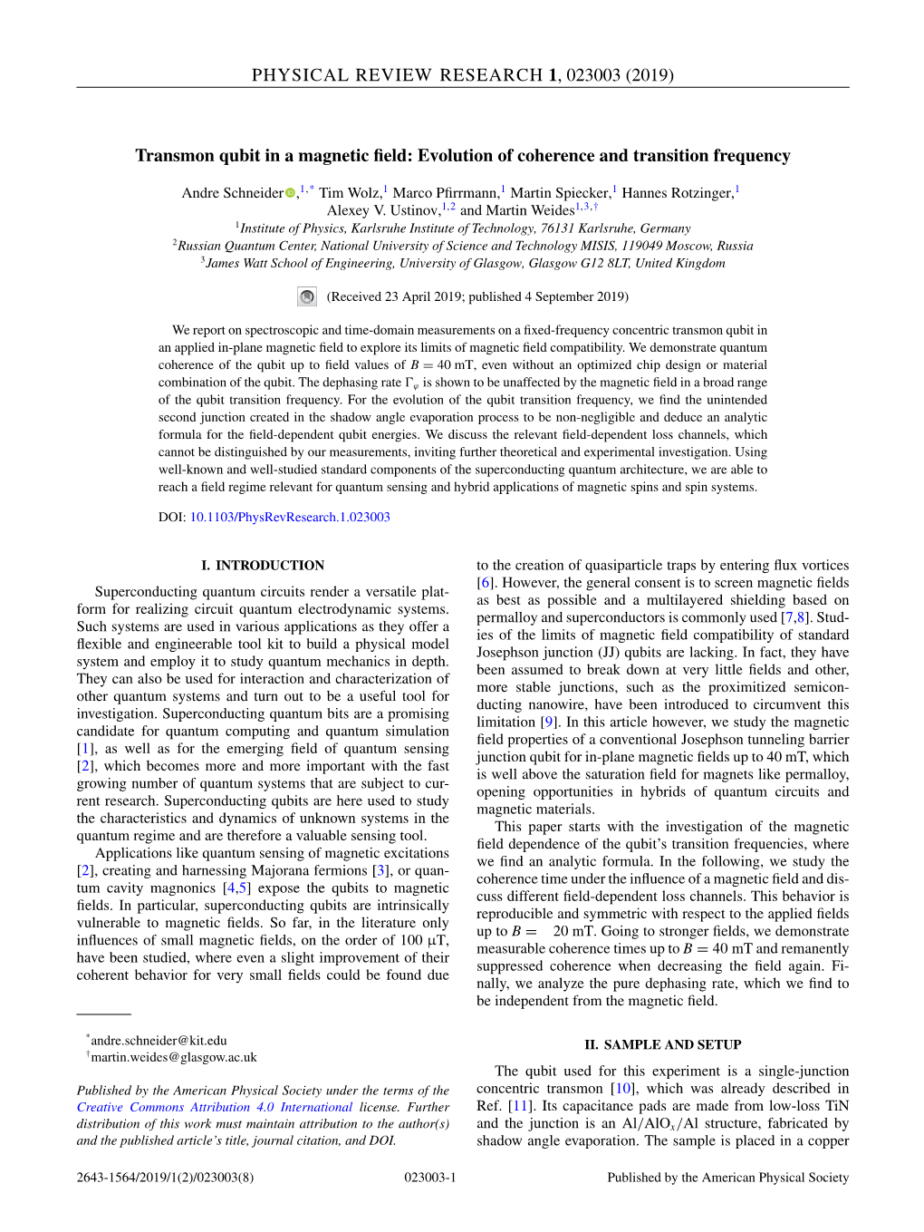 (2019) Transmon Qubit in a Magnetic Field: Evolution of Coherence And