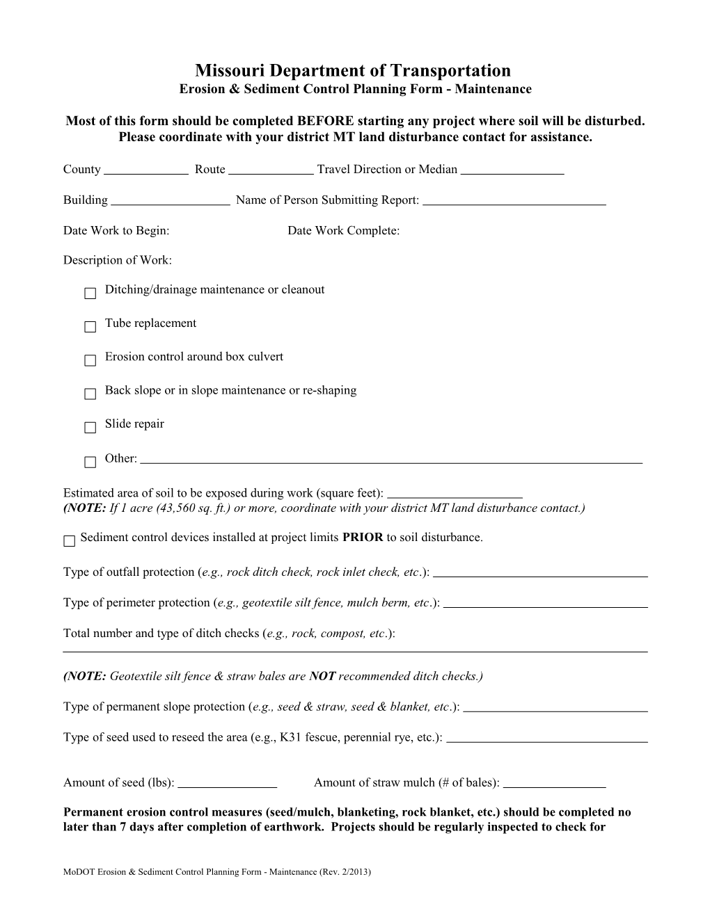 Erosion & Sediment Control Planning Form - Maintenance