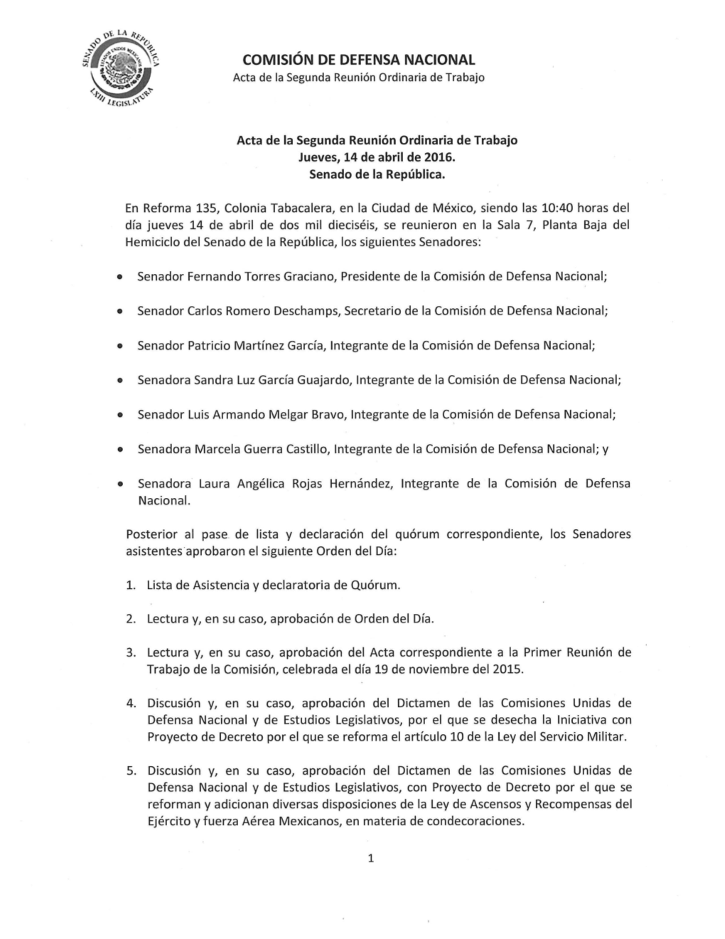 COMISIÓN DE DEFENSA NACIONAL Acta De La Segunda Reunión Ordinaria De Trabajo