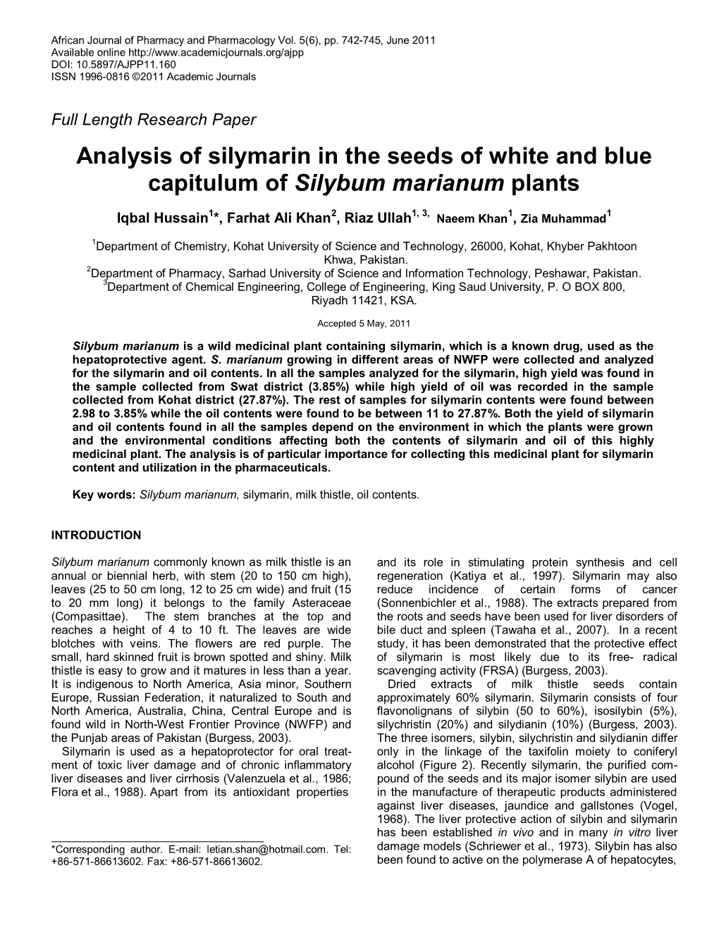 Analysis of Silymarin in the Seeds of White and Blue Capitulum of Silybum Marianum Plants