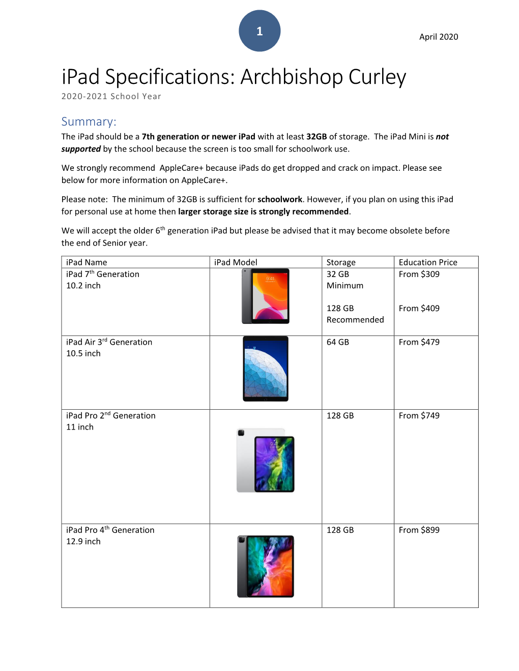 Ipad Specifications: Archbishop Curley 2020-2021 School Year