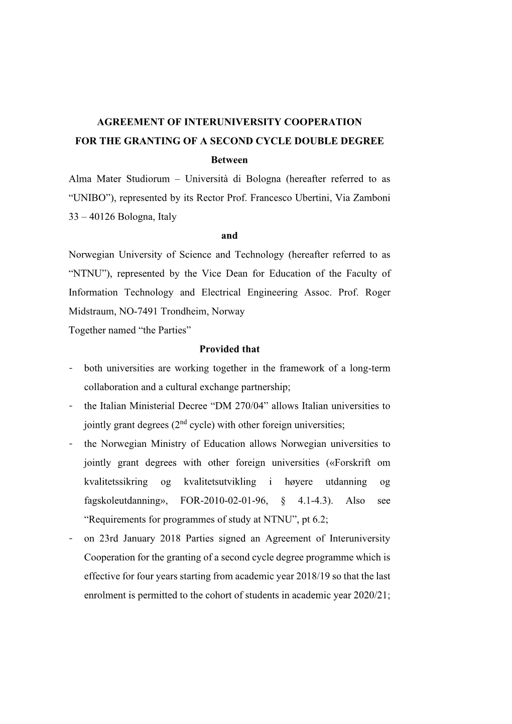 NTNU's Double Degree Agreement