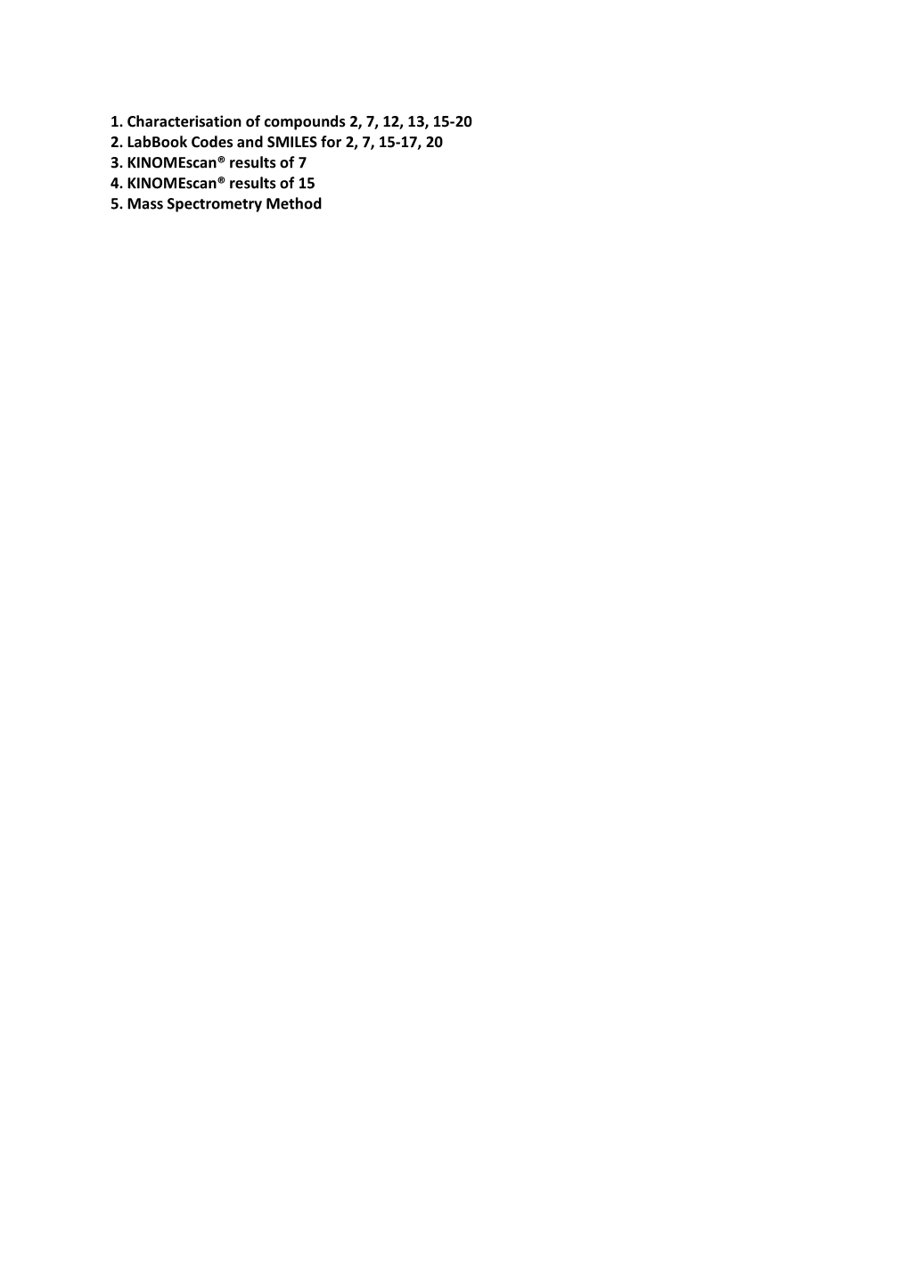 1. Characterisation of Compounds 2, 7, 12, 13, 15-20 2. Labbook Codes and SMILES for 2, 7, 15-17, 20 3