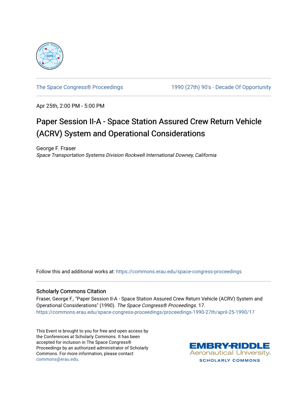 Paper Session II-A - Space Station Assured Crew Return Vehicle (ACRV) System and Operational Considerations