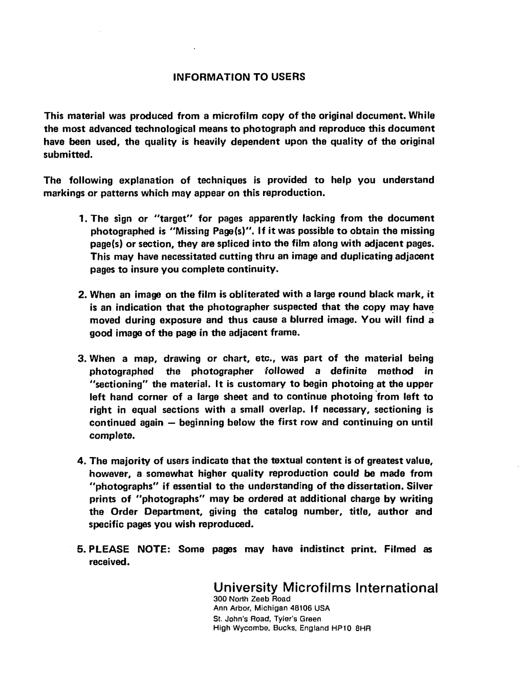 University Microfilms International 300 North Zeeb Road Ann Arbor, Michigan 48106 USA St, John's Road, Tyler's Green High Wycombe