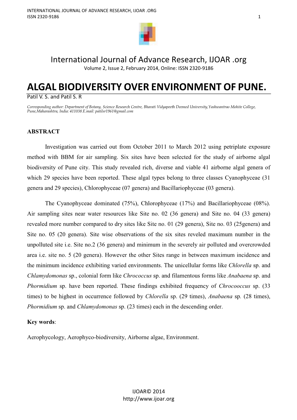 Algalbiodiversity Overenvironment Ofpune