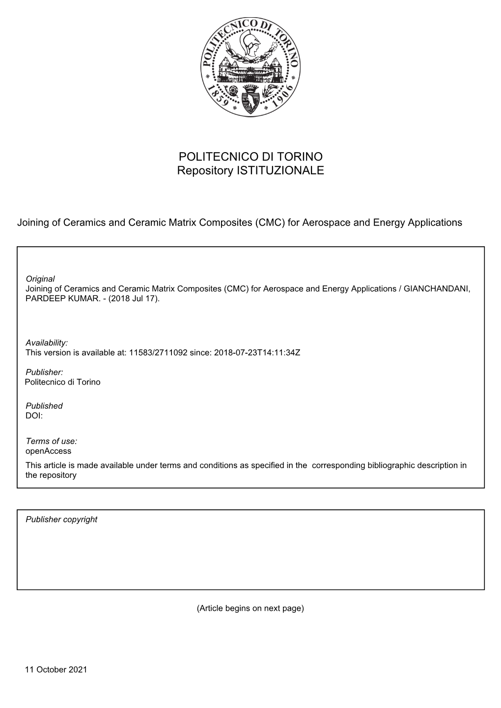 CMC) for Aerospace and Energy Applications