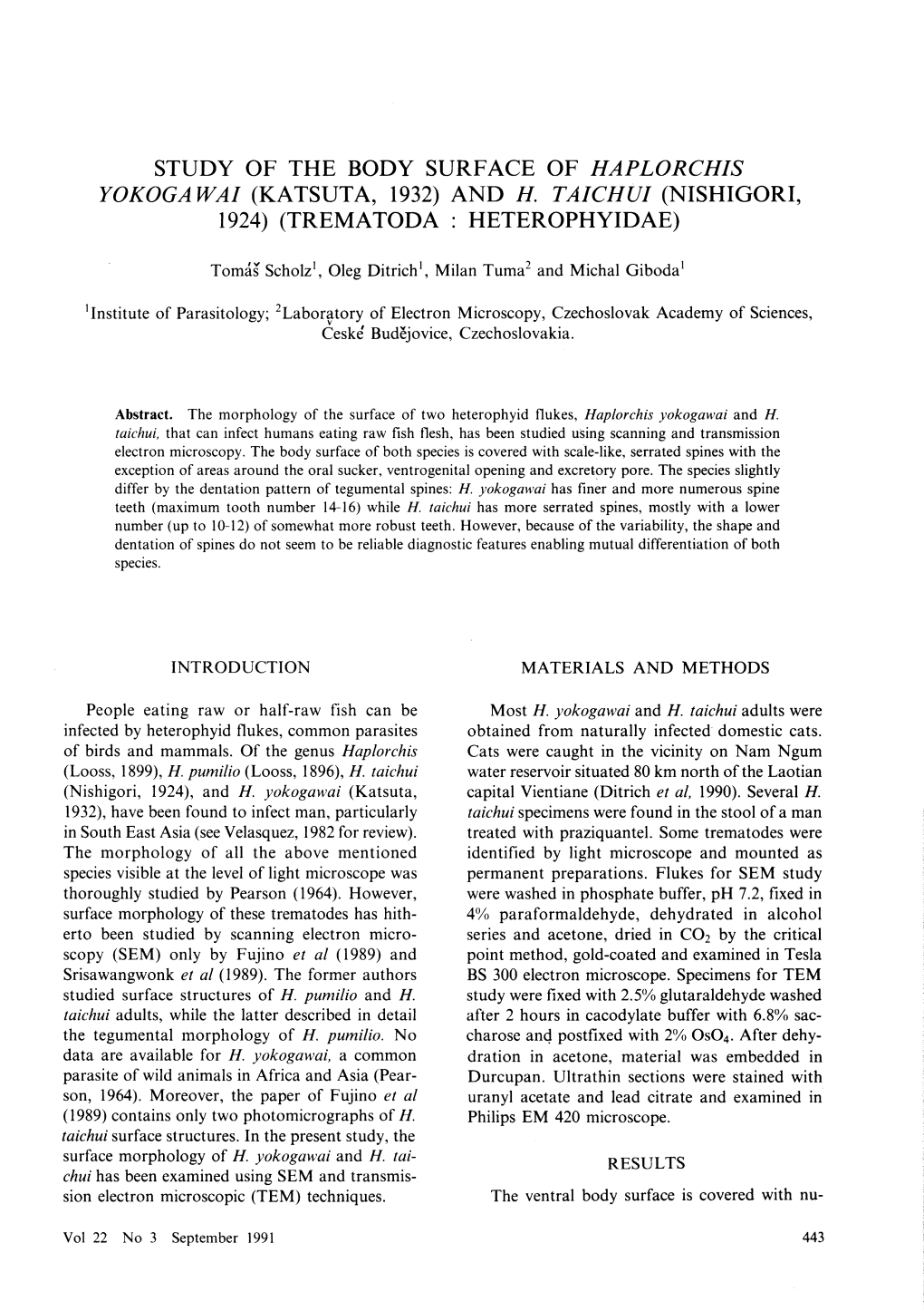 Study of the Body Surface of Haplorchis Yokogawai (Katsuta, 1932) and H