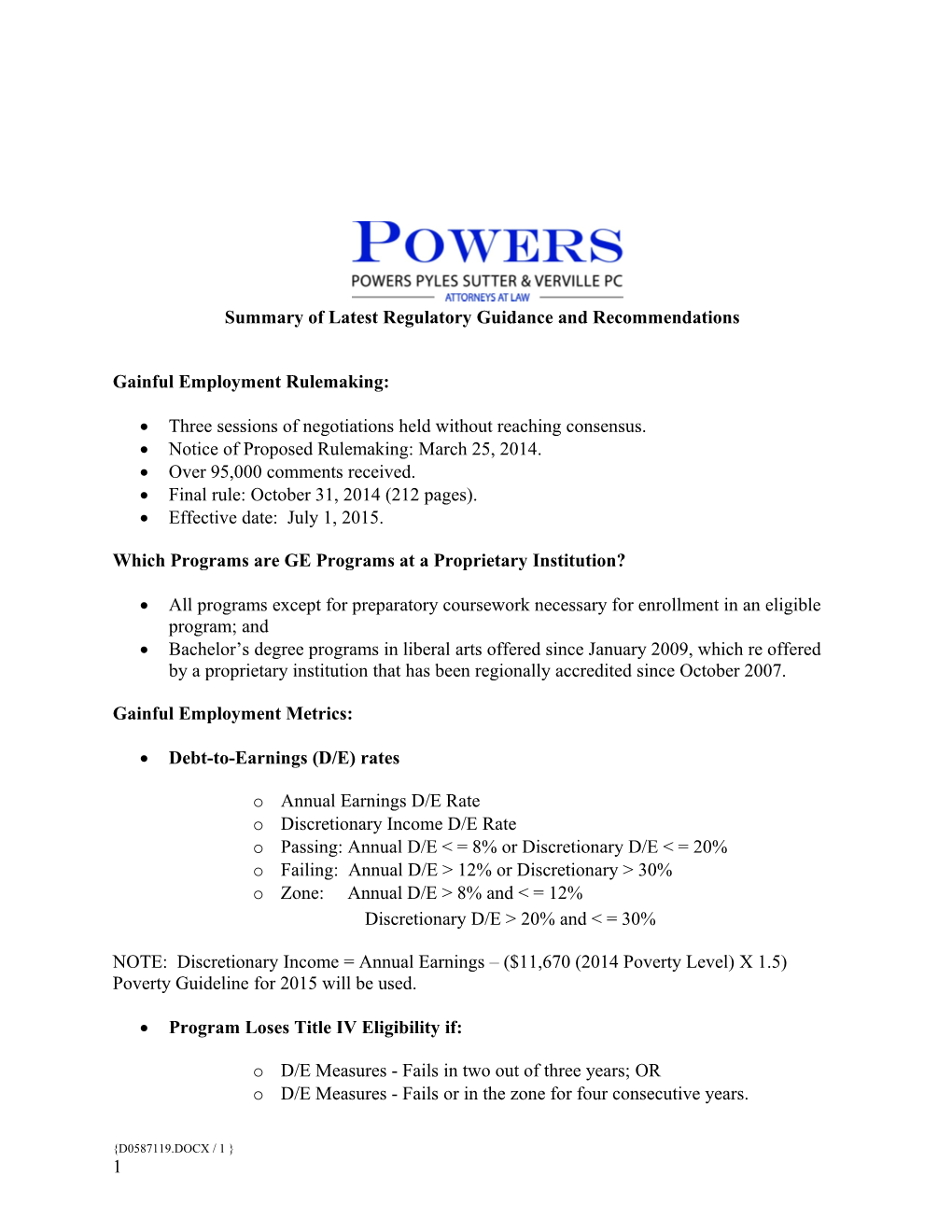 Summary of Latest Regulatory Guidance and Recommendations