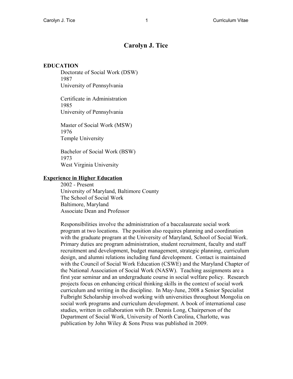 Carolyn J. Tice Curriculum Vitae