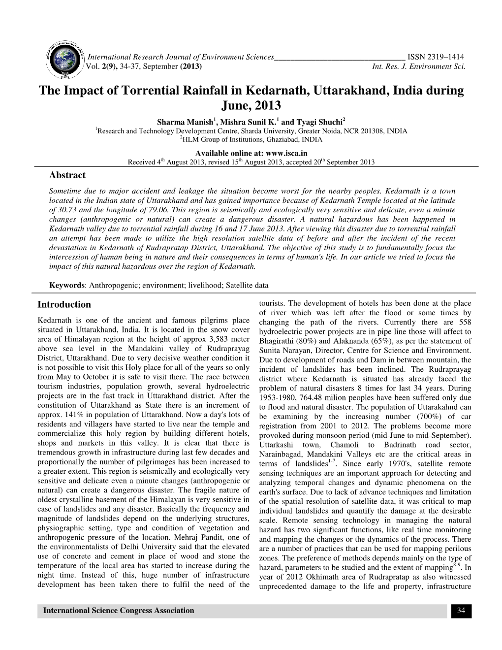 The Impact of Torrential Rainfall in Kedarnath, Uttarakhand, India During June, 2013