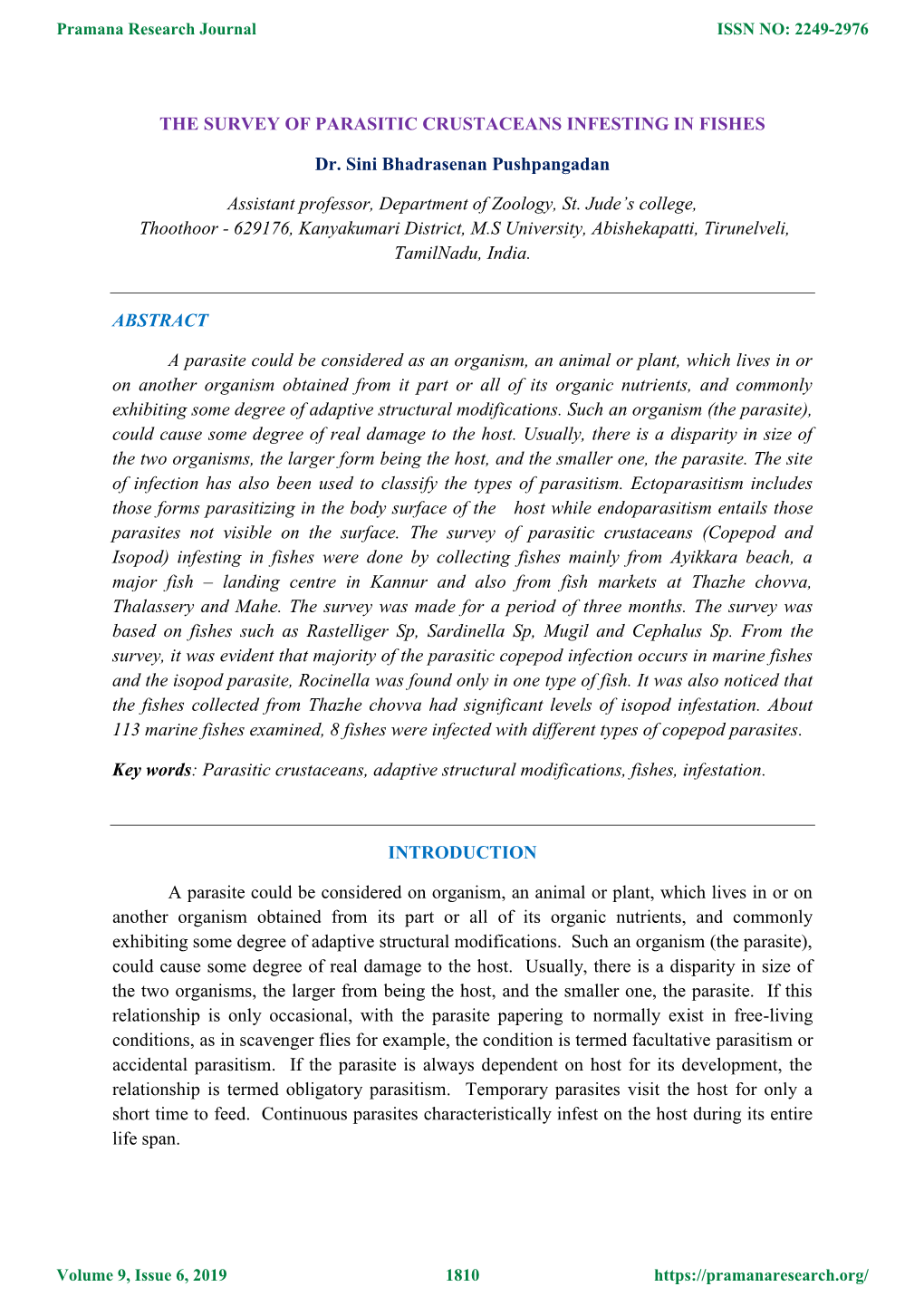 The Survey of Parasitic Crustaceans Infesting in Fishes