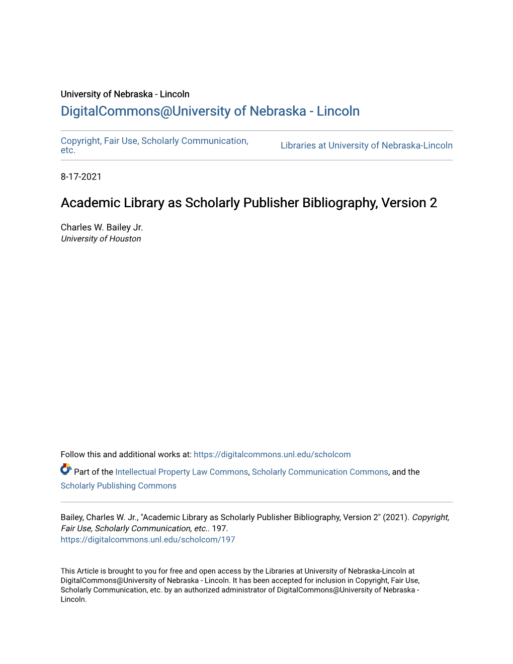 Academic Library As Scholarly Publisher Bibliography, Version 2