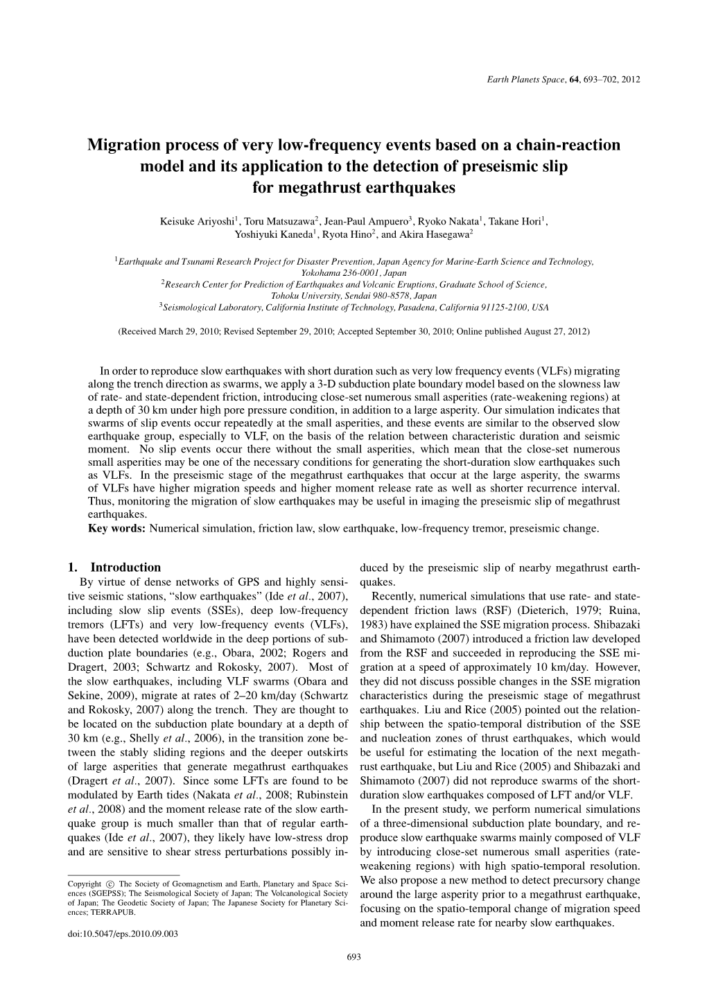 Migration Process of Very Low-Frequency Events Based on a Chain-Reaction Model and Its Application to the Detection of Preseismic Slip for Megathrust Earthquakes