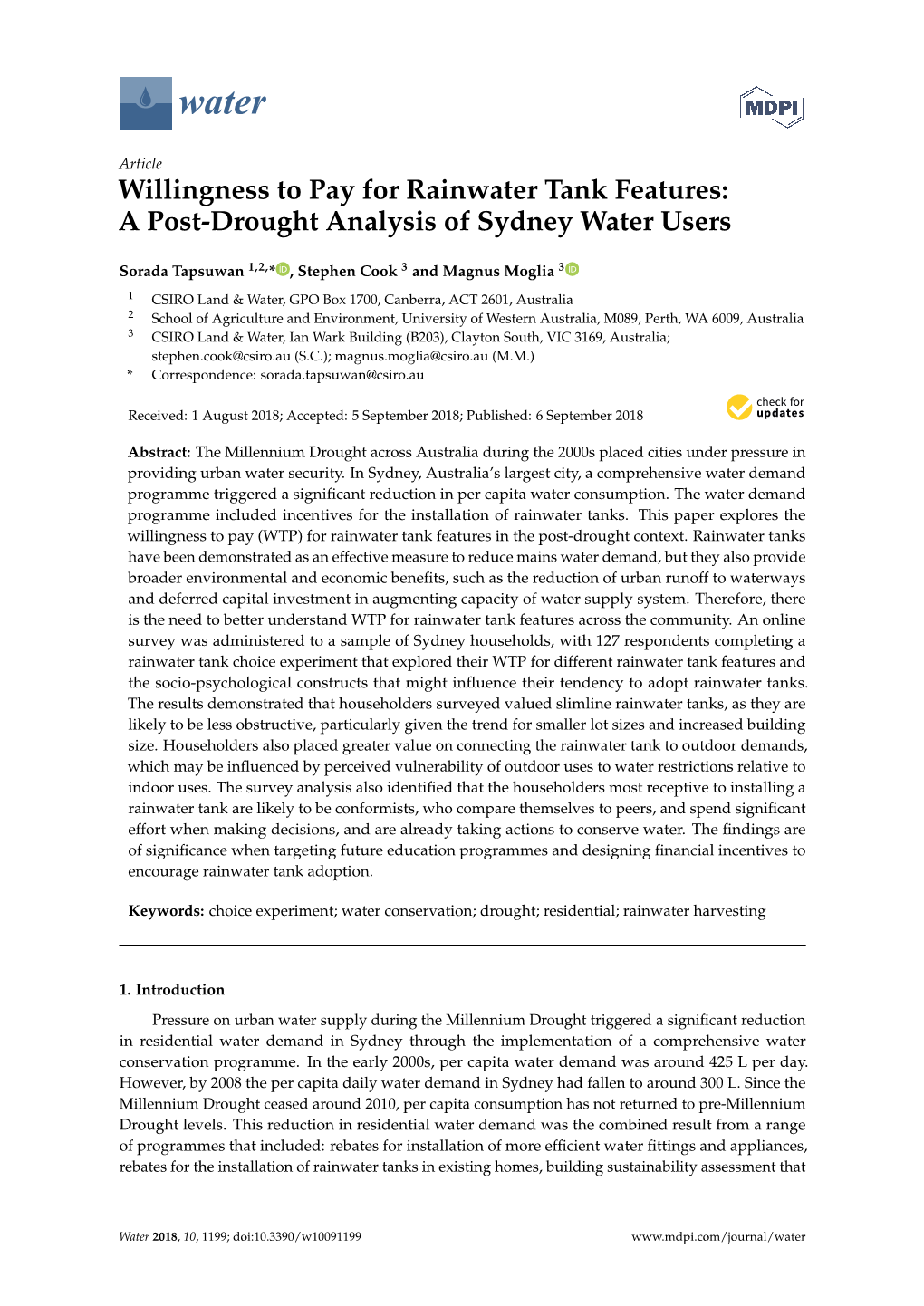 Willingness to Pay for Rainwater Tank Features: a Post-Drought Analysis of Sydney Water Users