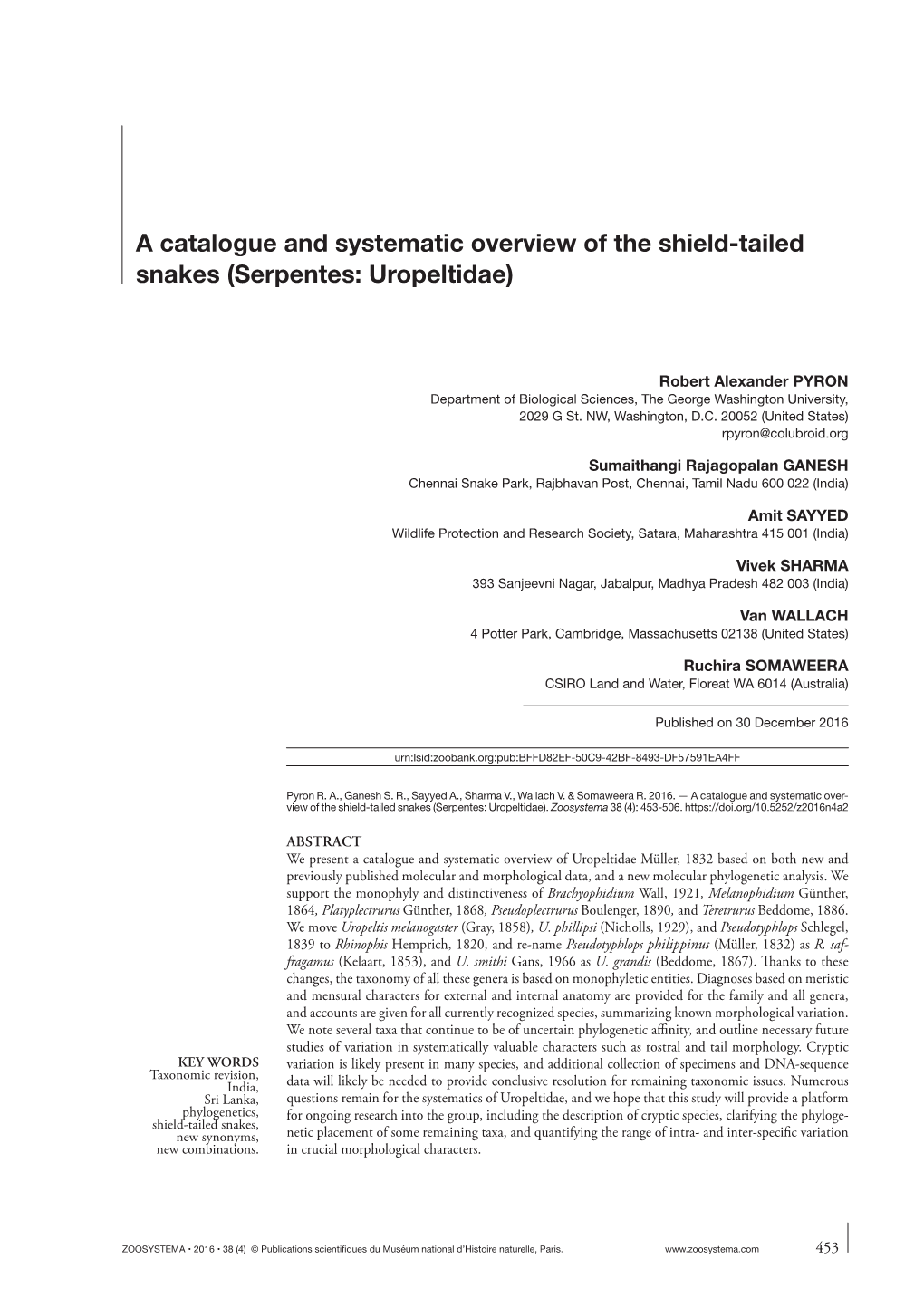 A Catalogue and Systematic Overview of the Shield-Tailed Snakes (Serpentes: Uropeltidae)