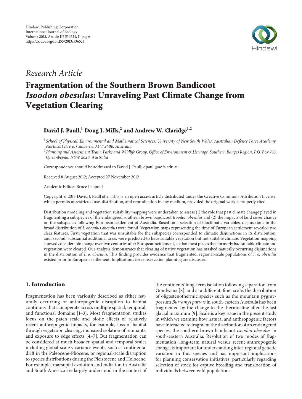 Fragmentation of the Southern Brown Bandicoot Isoodon Obesulus: Unraveling Past Climate Change from Vegetation Clearing