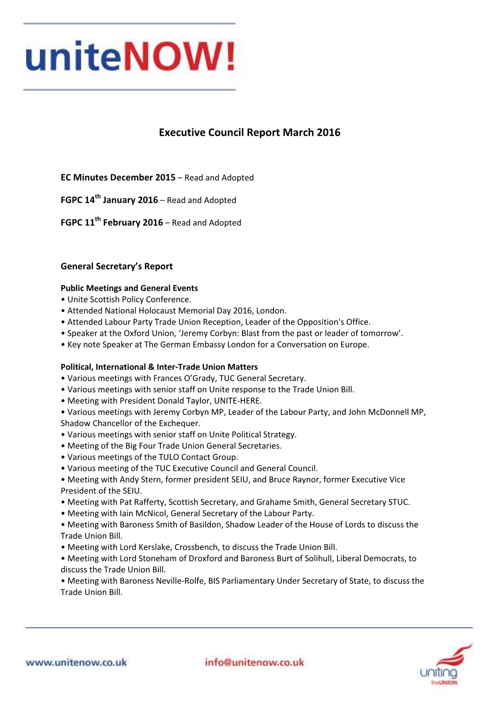 Executive Council Report March 2016