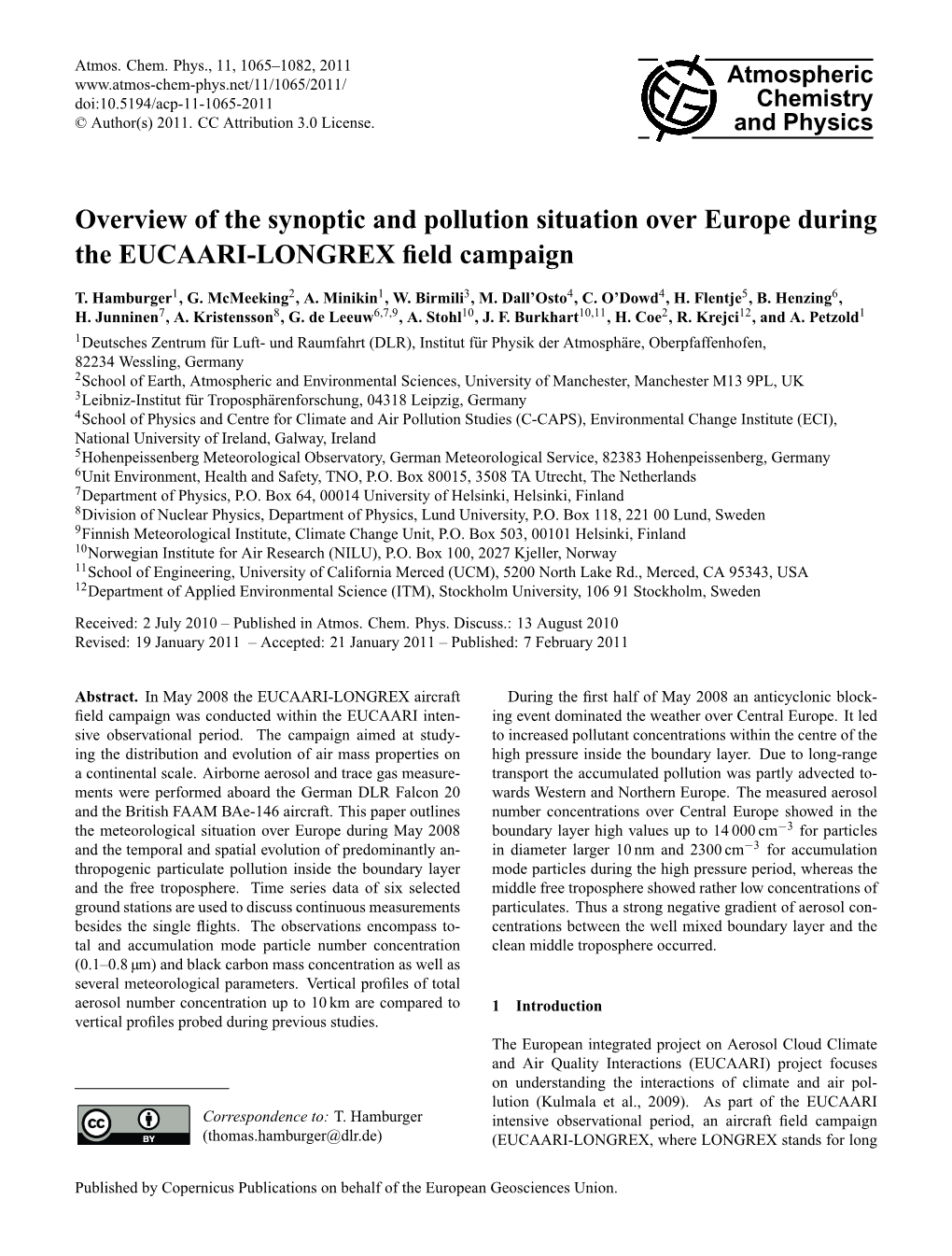 Overview of the Synoptic and Pollution Situation Over Europe During the EUCAARI-LONGREX ﬁeld Campaign