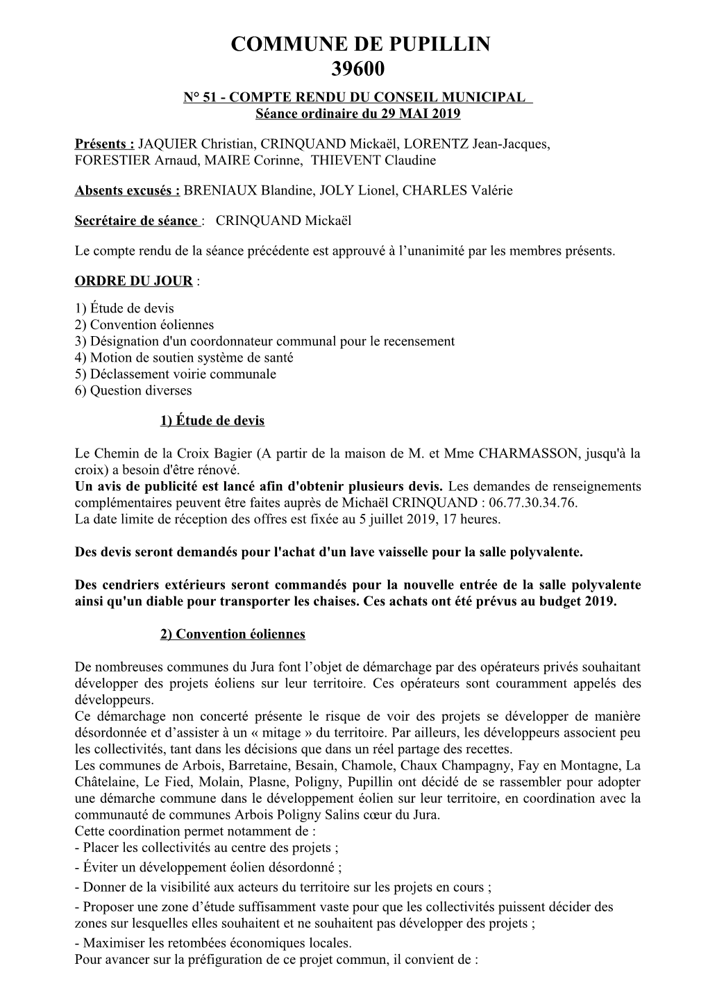 Compte Rendu Du Conseil Municipal Du 29/05/2019