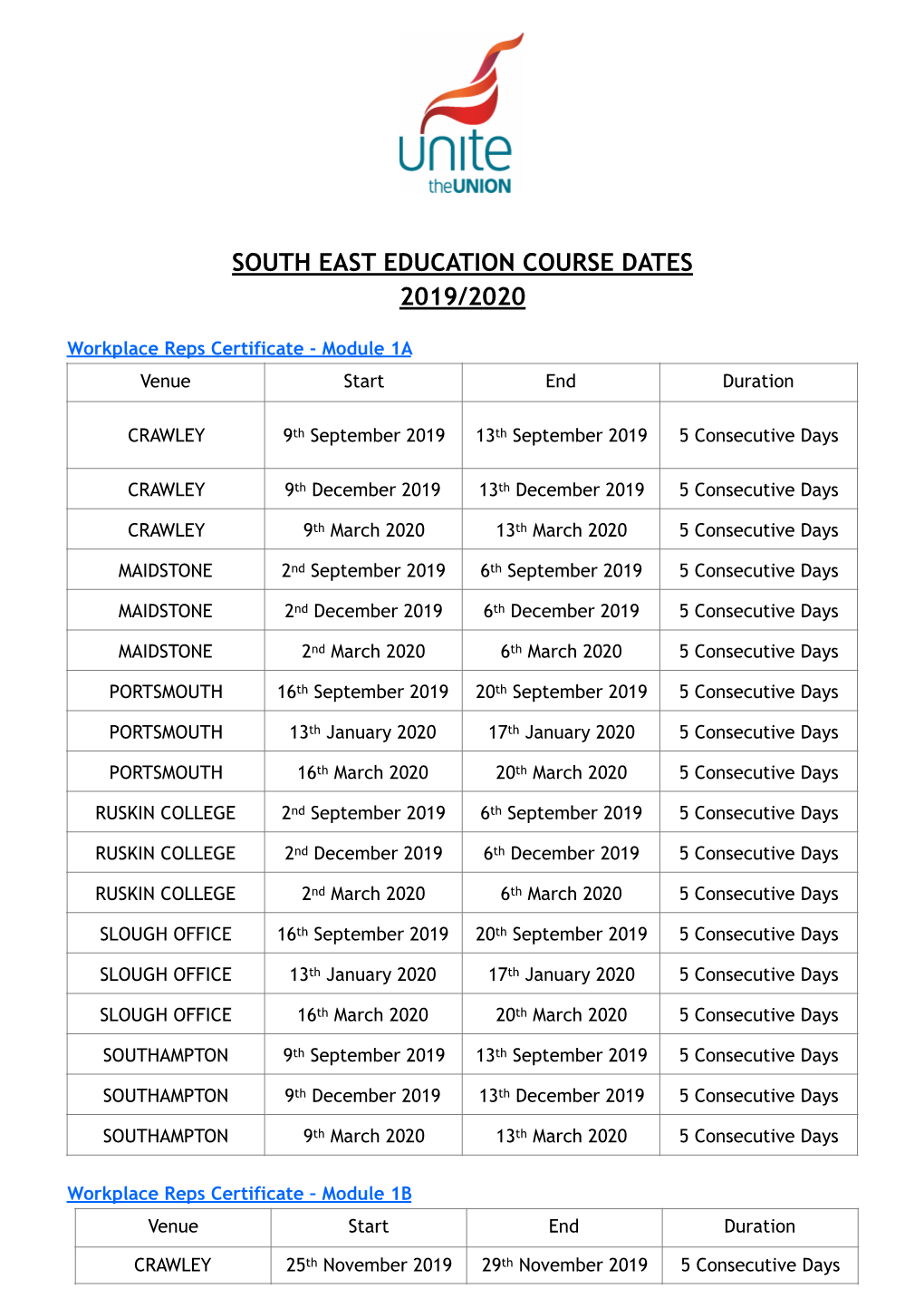 South East Education Course Dates 2019/2020