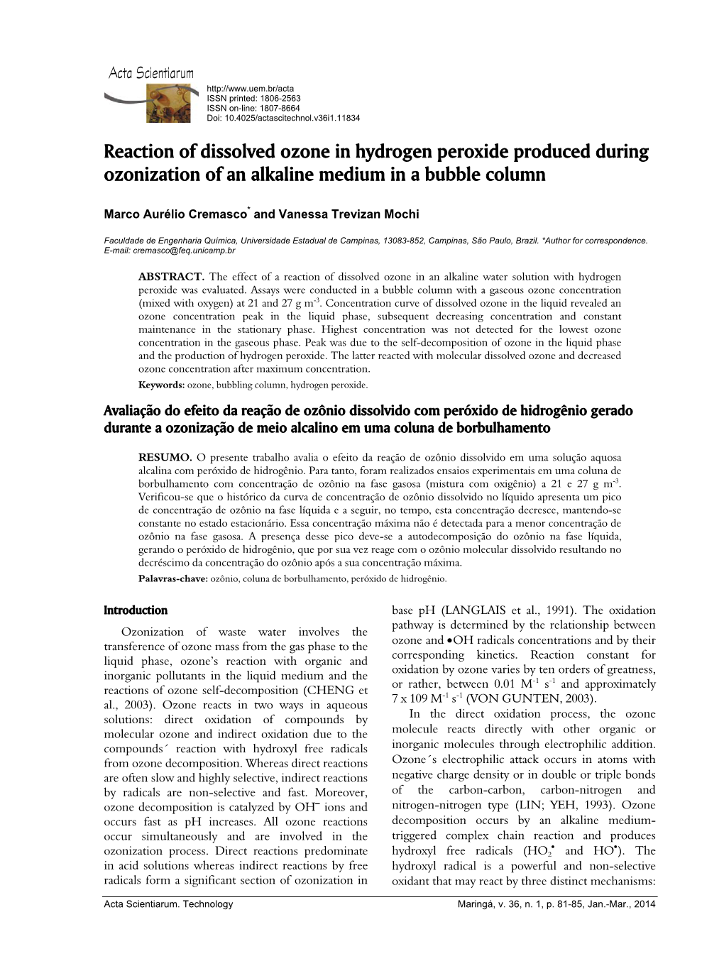 Reaction of Dissolved Ozone in Hydrogen Peroxide Produced During Ozonization of an Alkaline Medium in a Bubble Column