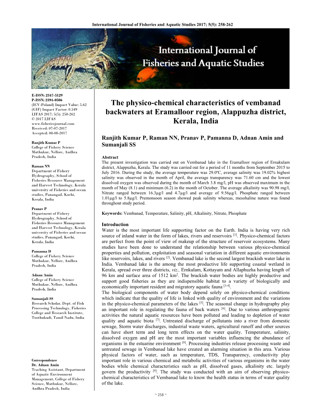 The Physico-Chemical Characteristics of Vembanad Backwaters At