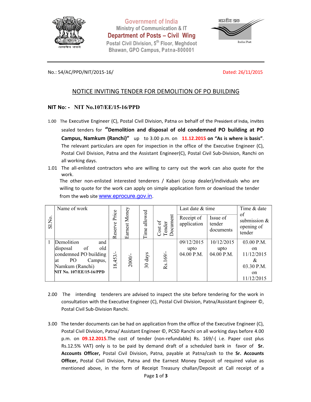 Civil Wing NOTICE INVITING TENDER for DEMOLITION of PO