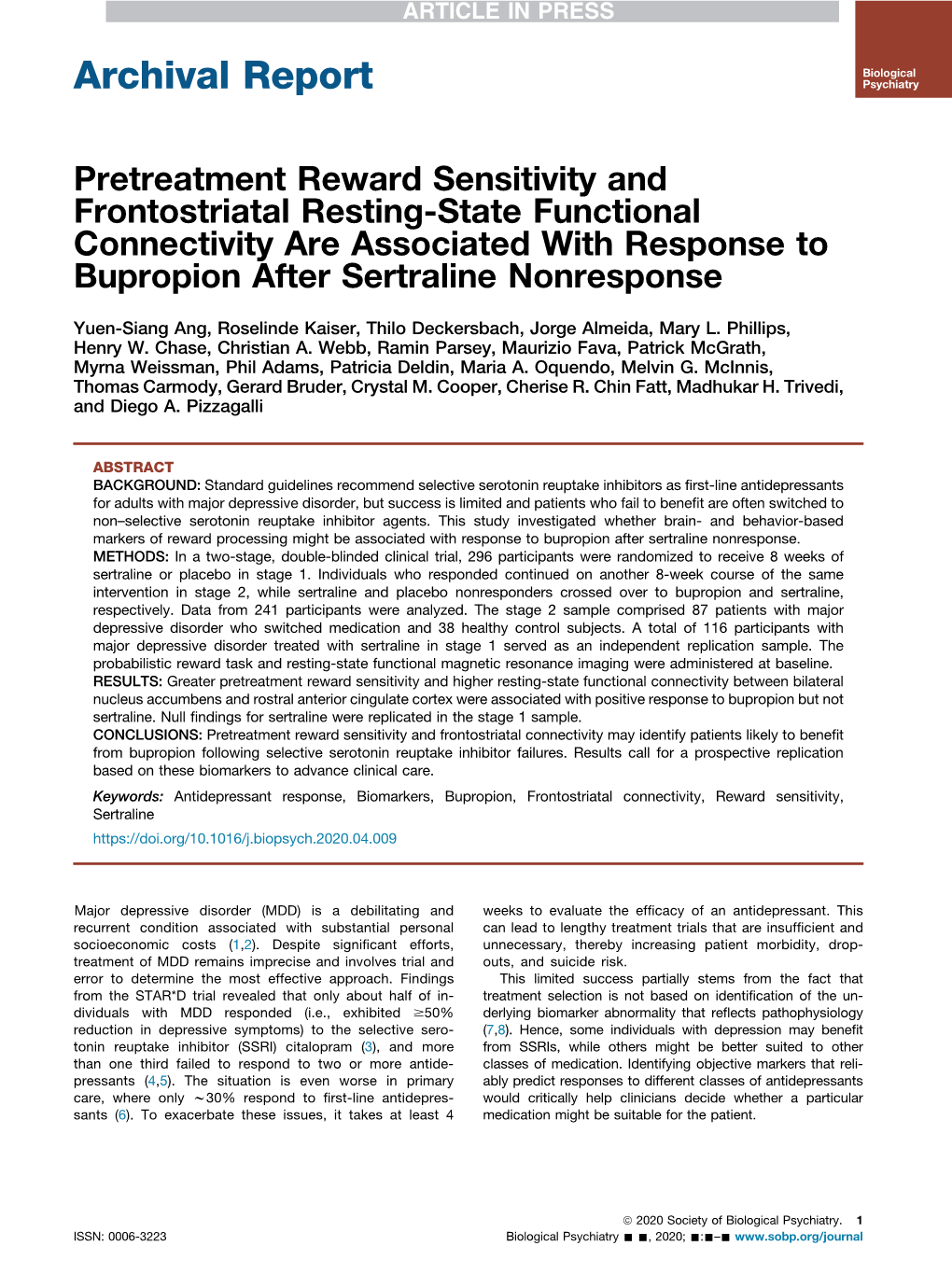 Pretreatment Reward Sensitivity and Frontostriatal Resting-State Functional Connectivity Are Associated with Response to Bupropion After Sertraline Nonresponse
