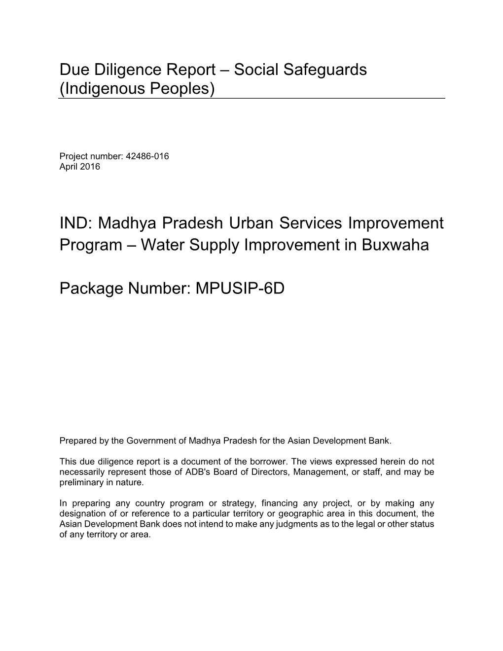 Madhya Pradesh Urban Services Improvement Program – Water Supply Improvement in Buxwaha
